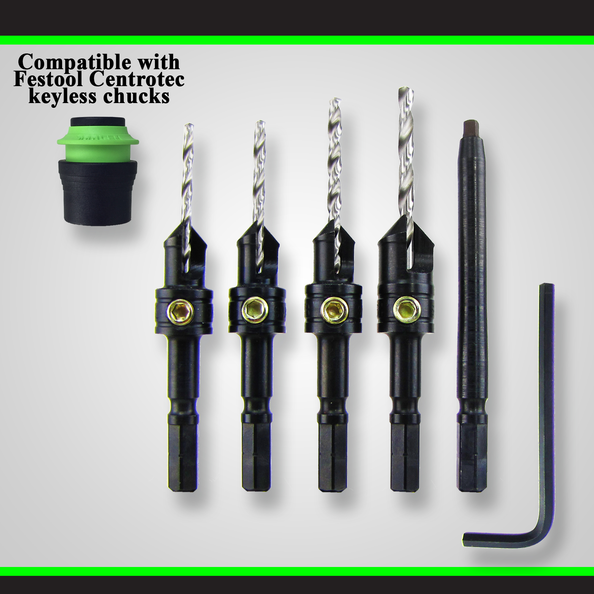 Snappy 93052 – Festool Centrotec Compatible 4 Pc Countersink Set with #2 Square Driver Bit