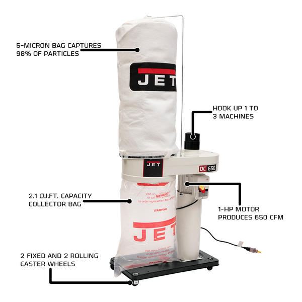 Jet DC650 1 hp dust collector w/ 5M Bag Filter Kit - Image 3