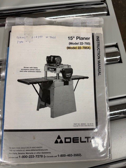 Used Delta X5 3hp 15" planer with straight knife cutterhead, stand with folding tables and mobile base - Image 8