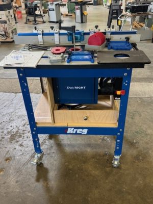 Used Kreg router table package with Kreg router lift, Spin-Rite 3-1/4 hp VS router, dust box & accessories